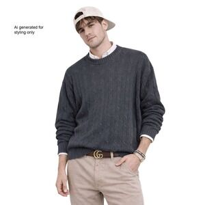 Vtg 90s IZOD Mens Chunky Cable Knit Sweater Black Crew Neck Fisherman Cotton Med